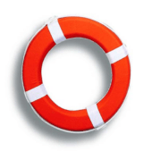 Aro salvavidas de lona y plástico PVC de color naranja con cuatro bandas blancas y cuerda perimetral.