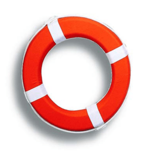 Aro salvavidas de lona y plástico PVC de color naranja con cuatro bandas blancas y cuerda perimetral.