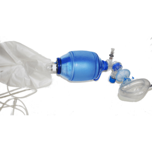 Resucitador de adultos manual de color azul con bolsa reservorio de oxígeno blanca y mascarilla transparente.