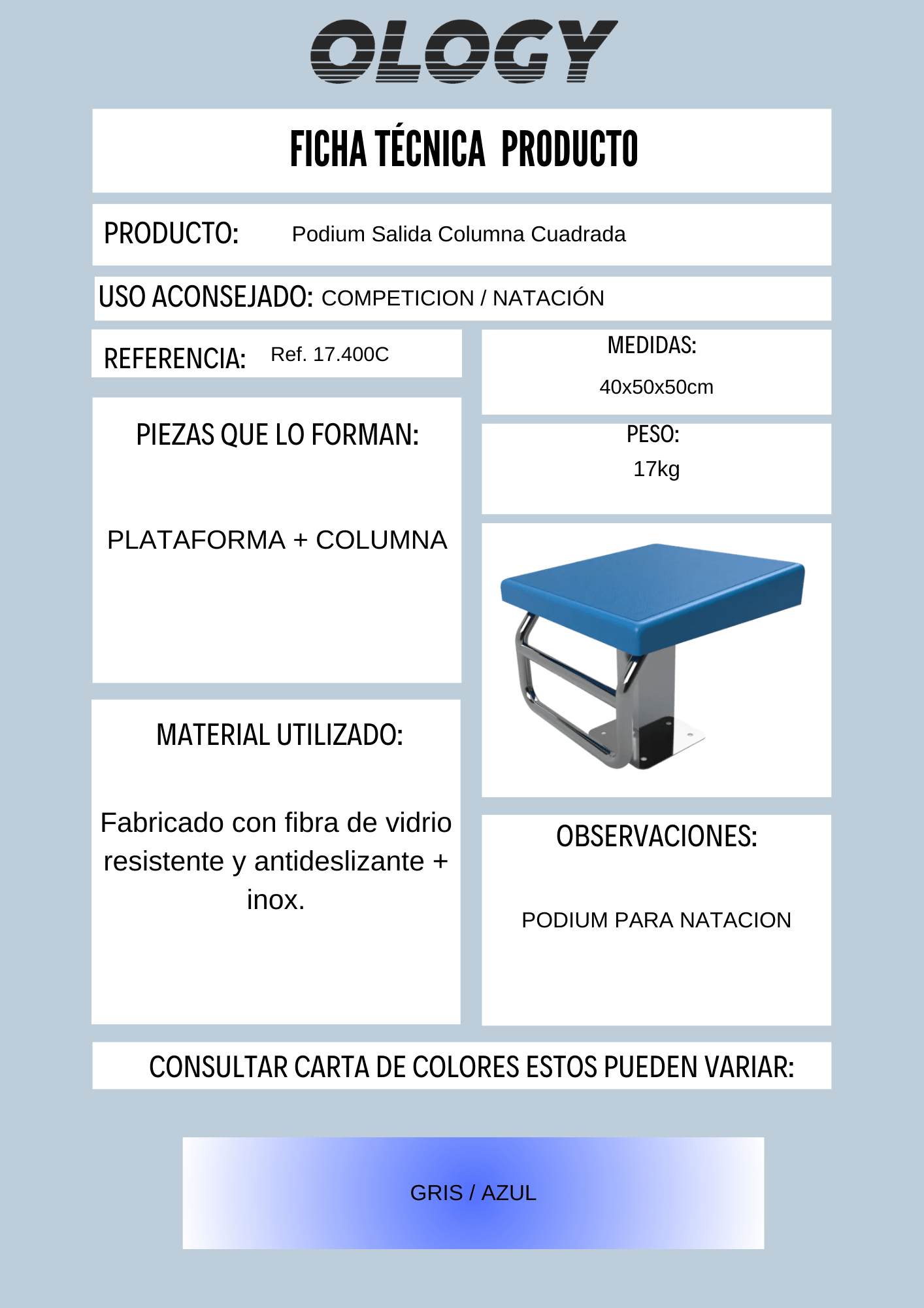 Podium de Salida OLOGY – Columna Redonda Podium de salida con columna redonda en acero inoxidable y plataforma de fibra de vidrio