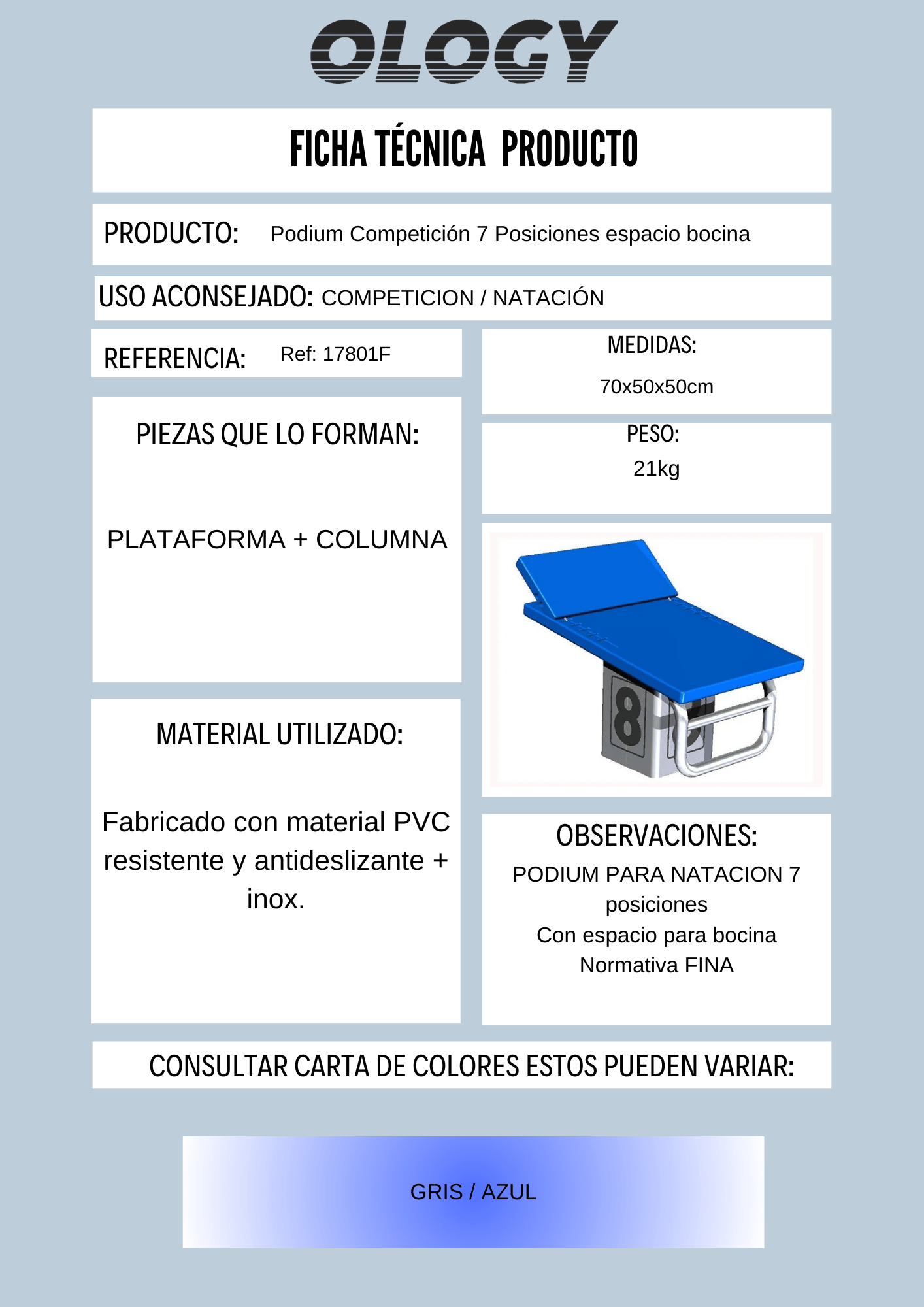 Podium de Competición OLOGY – 7 Posiciones Podium de competición 7 posiciones con columna inox y plataforma de PVC