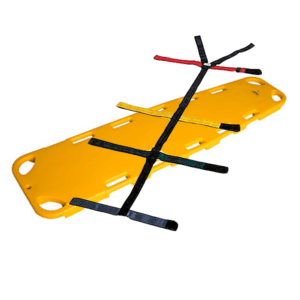 Tablero espinal de rescate de color amarillo brillante con un arnés de sujeción tipo araña opcional de colores colocado encima.