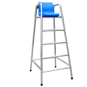 Silla socorrista de acero inoxidable de 181 cm con asiento azul y soporte para aro salvavidas.