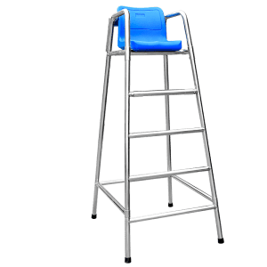 Silla socorrista de acero inoxidable de 181 cm con asiento azul y soporte para aro salvavidas.